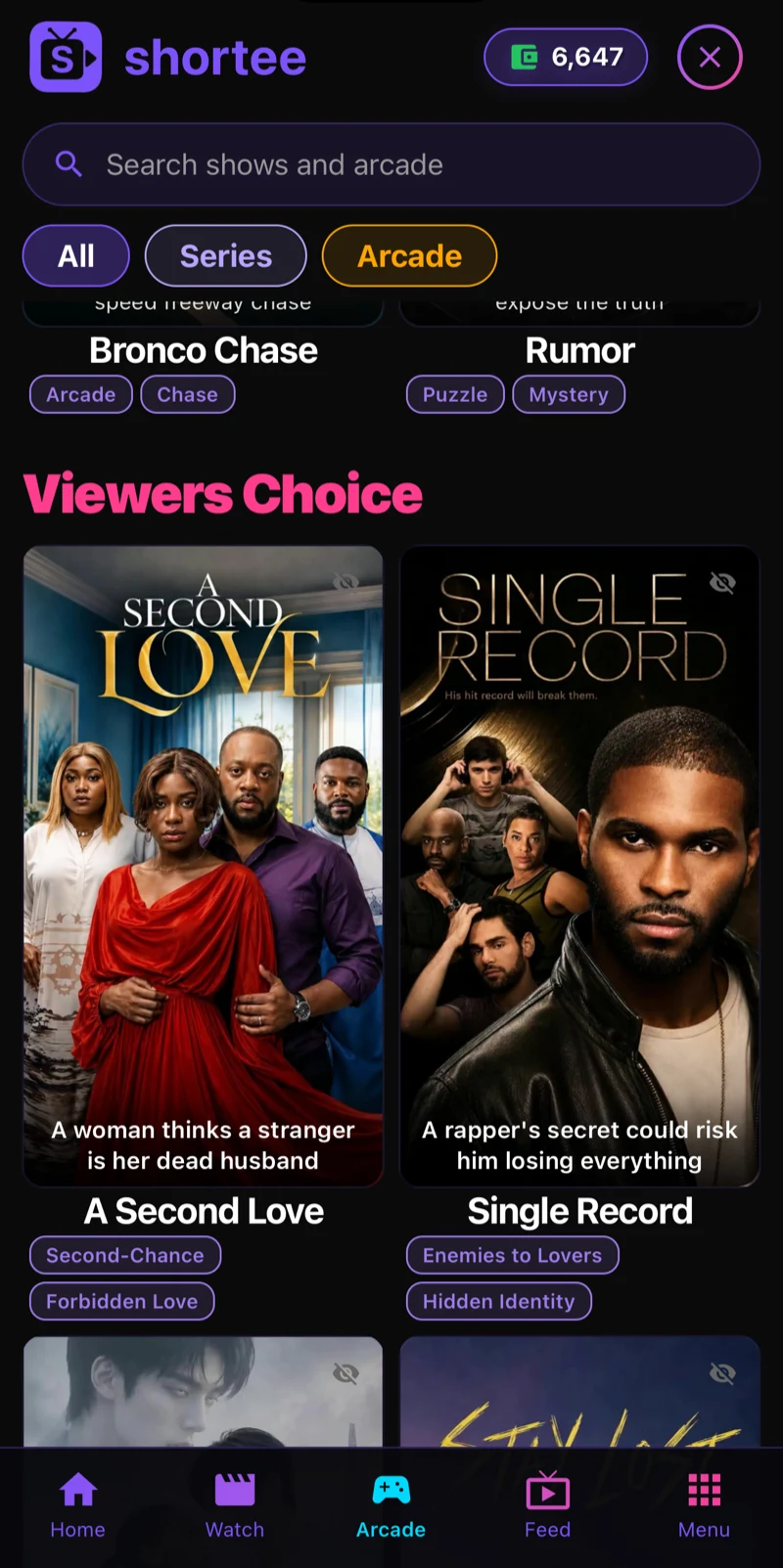 The Viewers Choice shelf in the Shortee app, with the token balance and bottom navigation