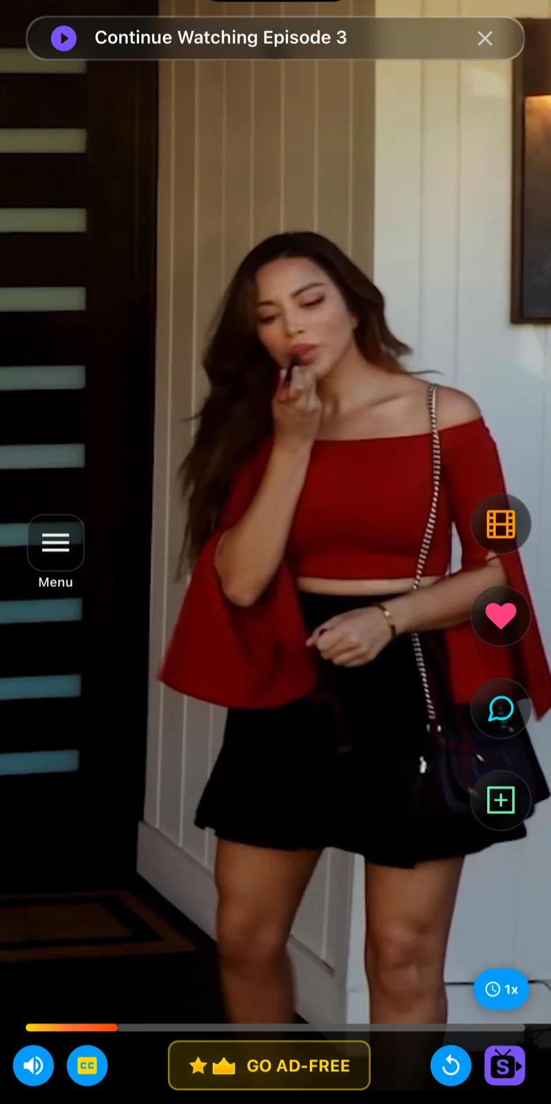 An episode playing in the Shortee feed, with engagement buttons, captions and playback speed