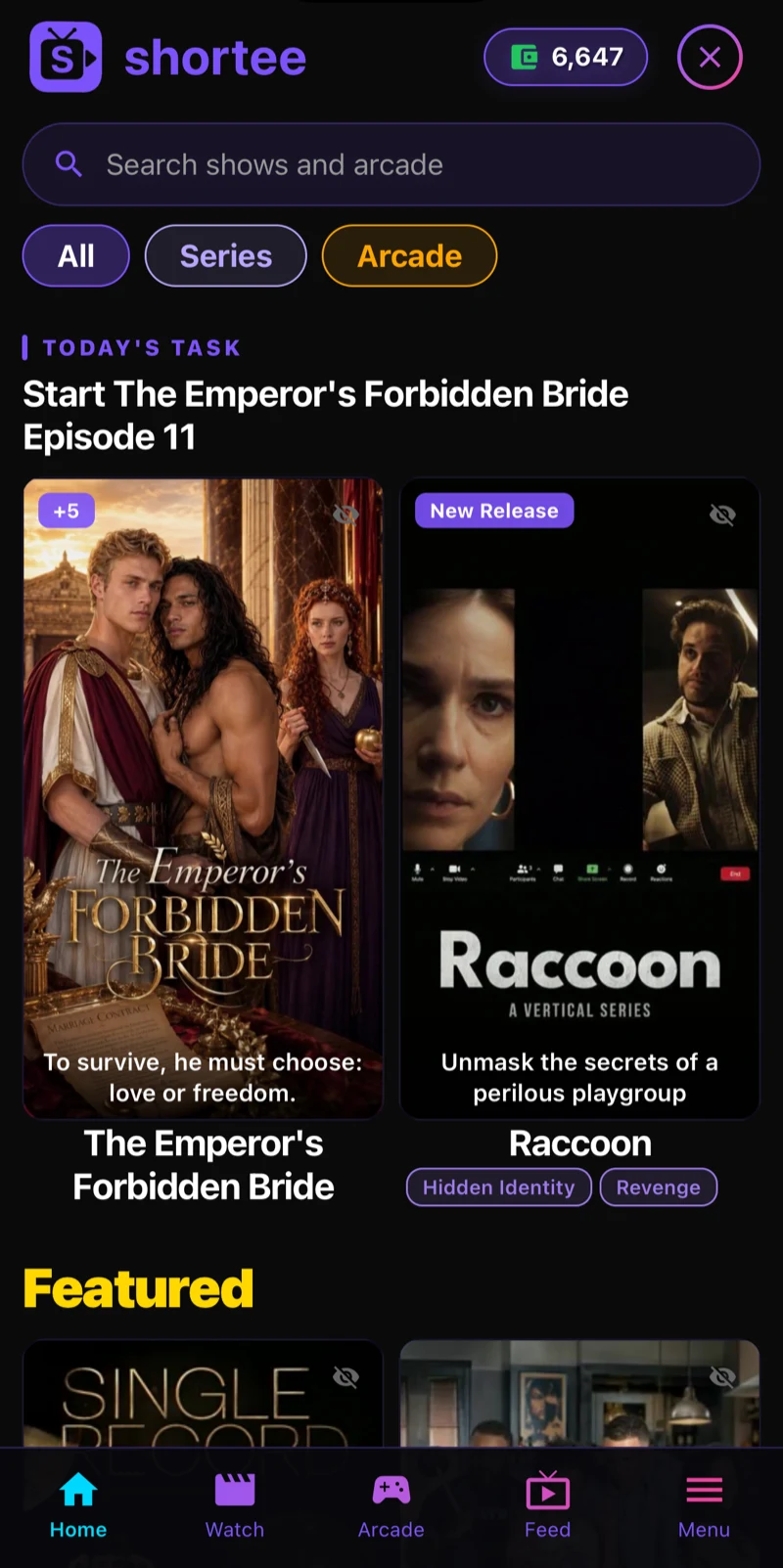 Today's Task and the Featured shelf on the Shortee home screen