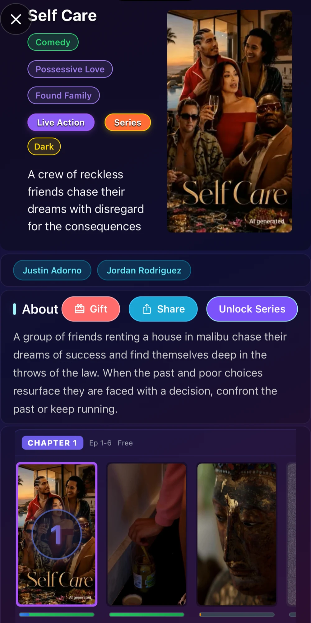 A Shortee series page showing genre tags, cast, and the first free chapter